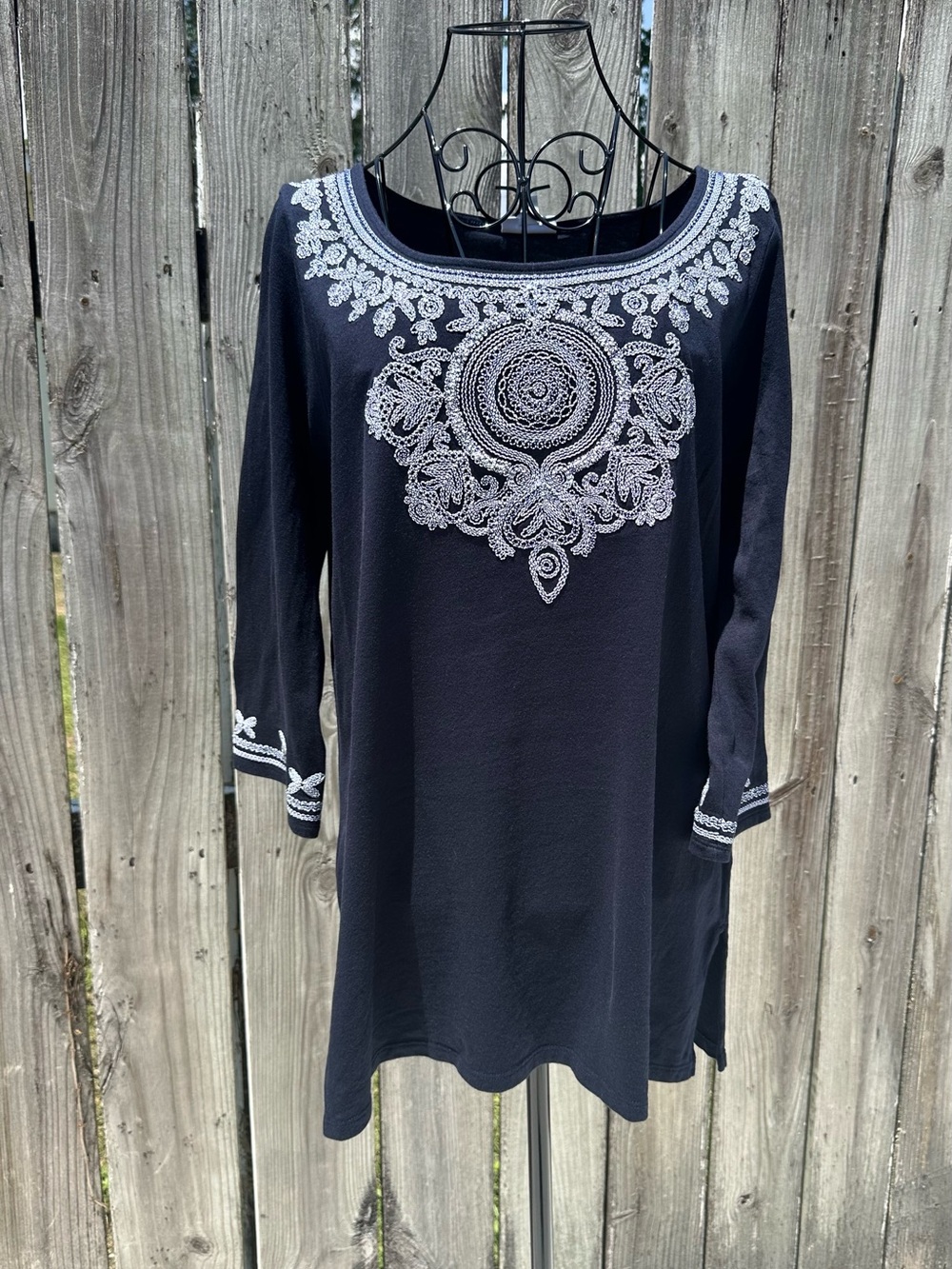 J. Jill Navy Blue Tunic with White Embroidered Detail